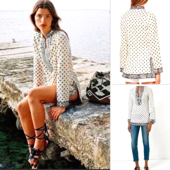 Tory Burch Ivory & Black Fish Print Tunic Top w/ Mirror Sequins - Picture 2 of 12